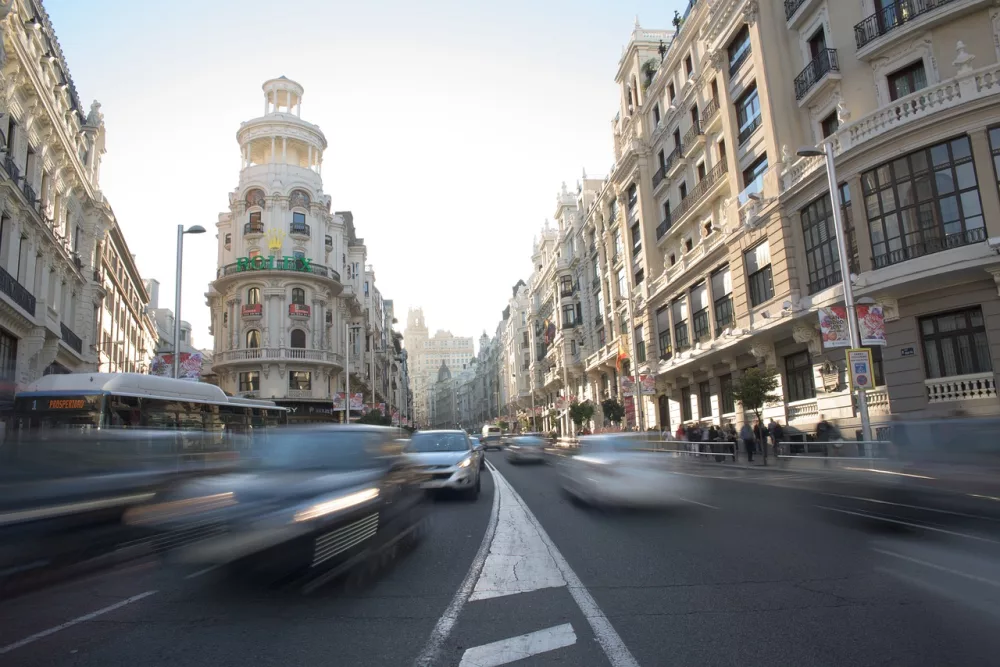 Busy traffic on Gran Vía in Madrid
